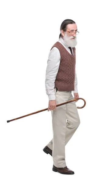 Senior Man Met Wandelstok Witte Achtergrond — Stockfoto