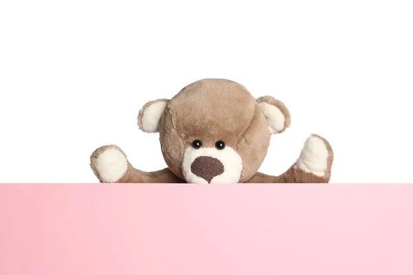 Niedlicher Teddybär Steht Hinter Blanko Karte Isoliert Auf Weiß Platz — Stockfoto