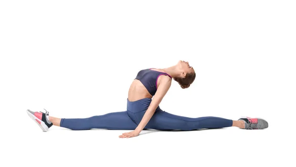Yoga Workout Junge Frau Dehnt Sich Auf Weißem Hintergrund — Stockfoto