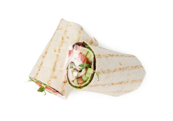Délicieux Sandwich Enveloppements Avec Des Légumes Frais Isolés Sur Blanc — Photo