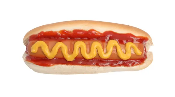 Delicioso Cachorro Quente Com Mostarda Ketchup Fundo Branco Vista Superior — Fotografia de Stock