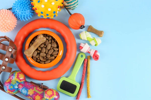 Dry pet food, toys and other goods on light blue background, flat lay with space for text. Shop items