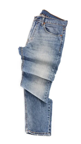 Calça Jeans Azul Enrugada Isolada Branco Vista Superior Roupas Elegantes — Fotografia de Stock