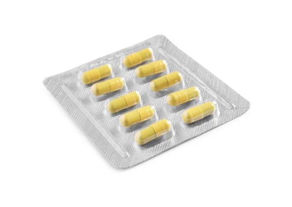 Blister Pillole Sfondo Bianco Trattamento Farmacologico — Foto Stock