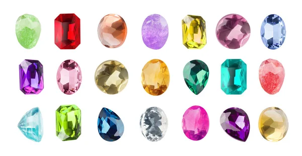 Conjunto Diferentes Pedras Preciosas Brilhantes Para Joalheiro Isolado Branco — Fotografia de Stock