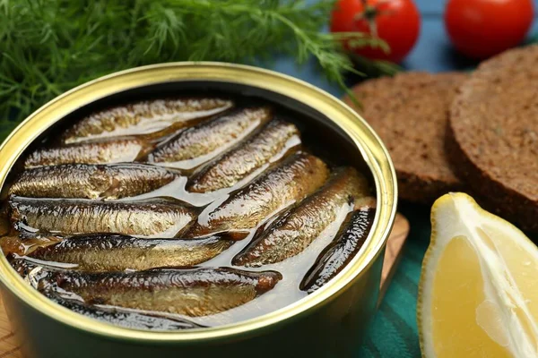 Tin Can Tasty Sprats Products Table Closeup — Stock Photo, Image
