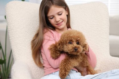 Koltuğunda şirin bir köpek yavrusu olan küçük bir çocuk. Sevimli hayvan