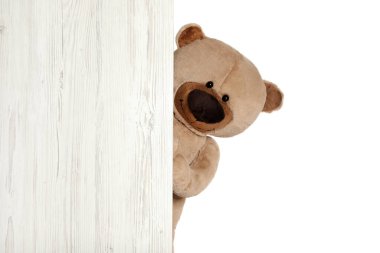 Cute teddy bear peeking out of wooden board on white background clipart