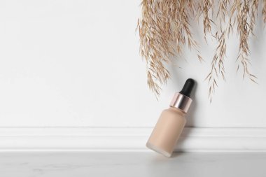 Beyaz duvarın yanında deri temeli ve dekoratif bitki, yazı için alan. Makyaj ürünü