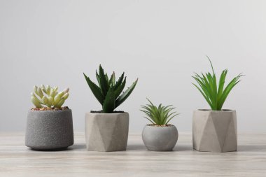 Tahta masadaki saksılarda, açık gri arka planda birçok farklı yapay bitki var.