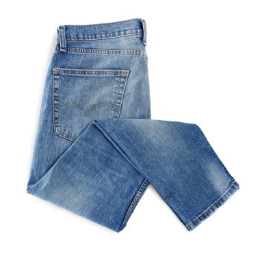 Blue jeans isolated on white, top view. Stylish clothes