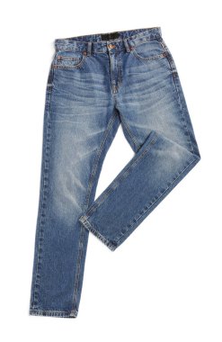 Blue jeans isolated on white, top view. Stylish clothes