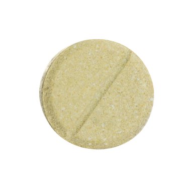 Beyaz arka planda yuvarlak bir hap. Tıbbi tedavi