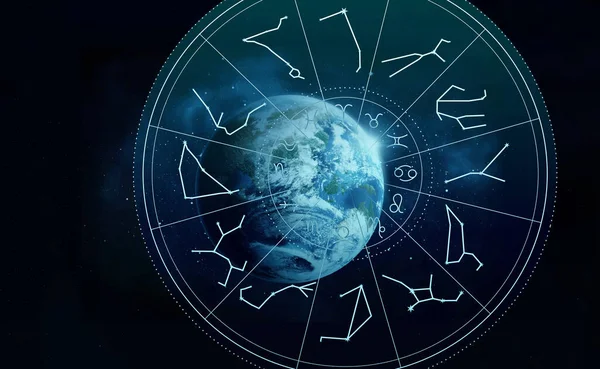 Rueda Zodiacal Con Signos Astrológicos Constelaciones Que Superponen Tierra Espacio — Foto de Stock