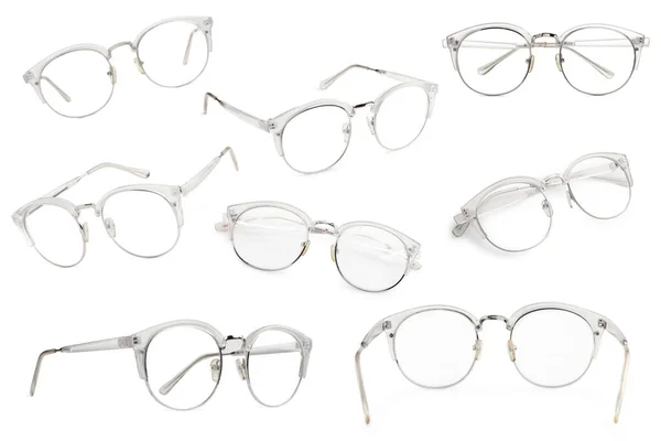 Collage Glasses Isolated White Different Sides — Stock Photo, Image
