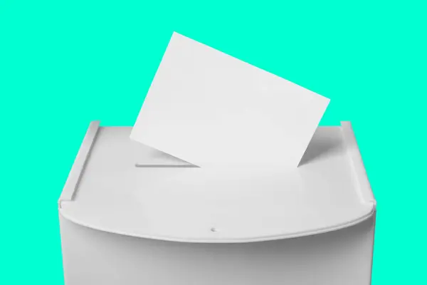 Caja Votación Con Voto Sobre Fondo Turquesa Tiempo Elección —  Fotos de Stock