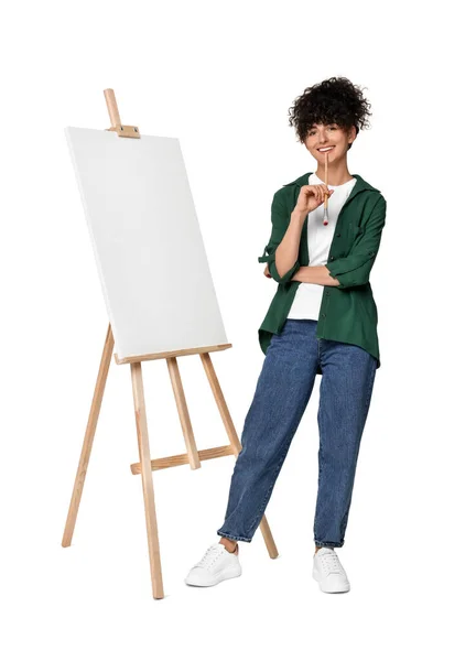 Young Woman Holding Brush Easel Canvas White Background — Stock Photo, Image