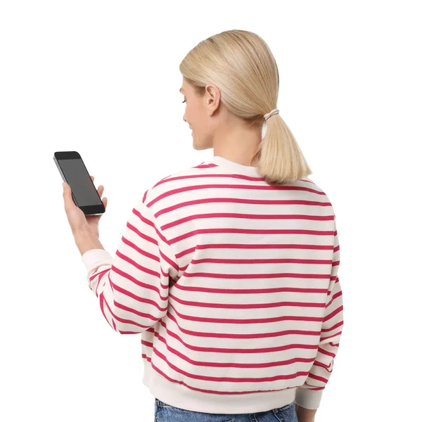 Donna Che Tiene Smartphone Con Schermo Bianco Sfondo Bianco — Foto Stock