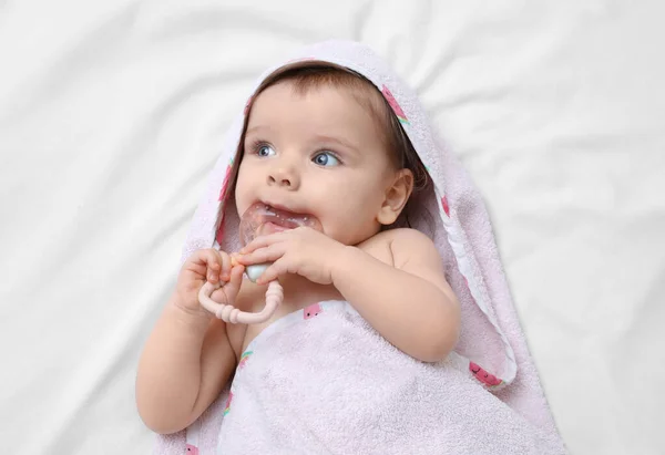 Cute Little Baby Hooded Towel Bathing Nibbling Teether Bed Top — Stock Photo, Image