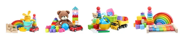 Conjunto Brinquedos Infantis Diferentes Isolados Branco — Fotografia de Stock