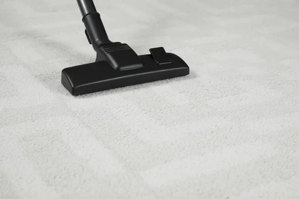 Removing Dirt White Carpet Modern Vacuum Cleaner Space Text — Stock Photo, Image