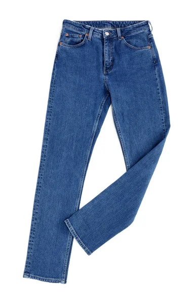 Tmavě Modré Džíny Izolované Bílém Horní Pohled Stylové Oblečení — Stock fotografie