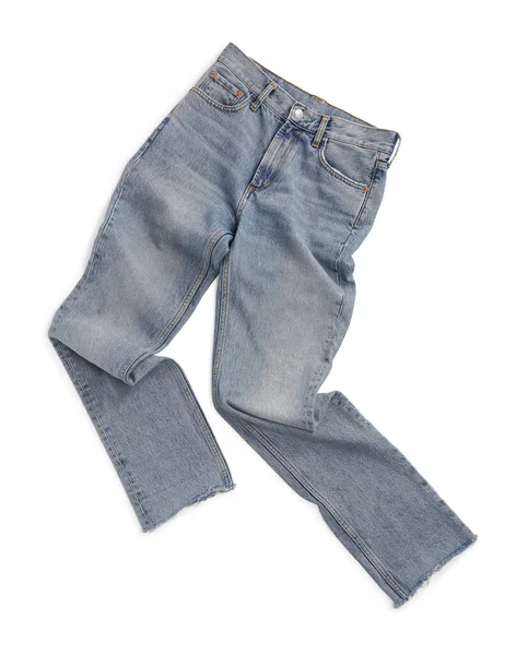 Calça Jeans Azul Claro Enrugada Isolada Branco Vista Superior Roupas — Fotografia de Stock
