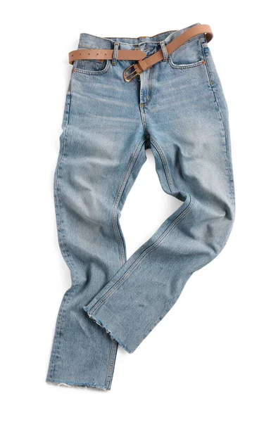 Pantalones Vaqueros Color Azul Claro Con Cinturón Aislado Blanco Vista —  Fotos de Stock