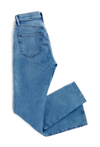 Lichtblauwe Jeans Geïsoleerd Wit Bovenaanzicht Stijlvolle Kleding — Stockfoto