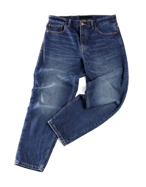 Calça Jeans Azul Escuro Elegante Isolado Branco Vista Superior — Fotografia de Stock