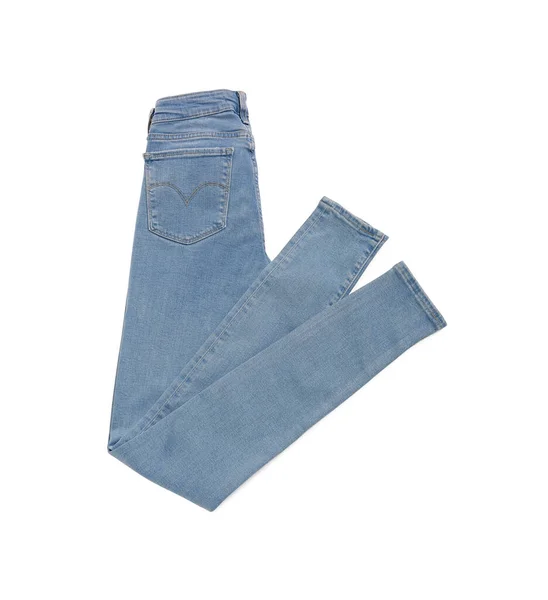 Stylische Hellblaue Jeans Isoliert Auf Weißem Untergrund Draufsicht — Stockfoto