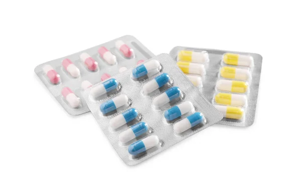 Blasen Mit Verschiedenen Pillen Auf Weißem Hintergrund — Stockfoto