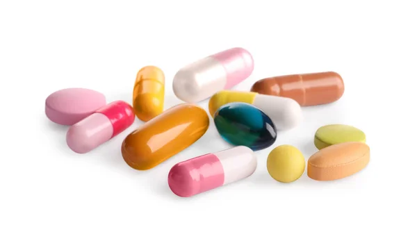 Molte Pillole Diverse Isolate Sul Bianco Trattamento Farmacologico — Foto Stock