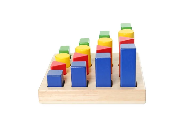 Drewniany Sorter Kolorowymi Figurami Geometrycznymi Białym Tle Zabawka Dla Dzieci — Zdjęcie stockowe