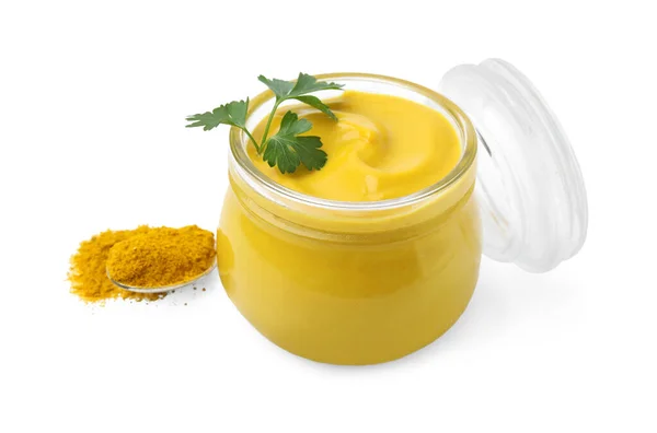 Jar Tasty Curry Sauce Powder Parsley Isolated White — Stock Photo, Image