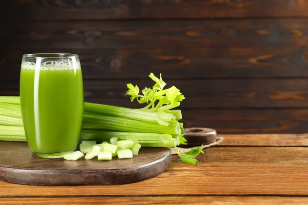 Glass Celery Juice Fresh Vegetables Wooden Table Space Text — Stock Photo, Image