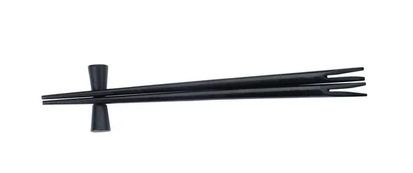 Ζεύγος Μαύρων Chopsticks Υπόλοιπο Απομονώνονται Λευκό Πάνω Όψη — Φωτογραφία Αρχείου