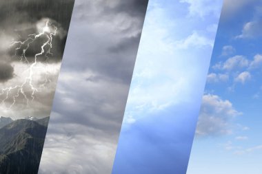Farklı havalarda gökyüzünün fotoğrafları, kolaj. Meteoroloji, hava durumu, iklim değişikliği