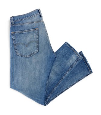 Blue jeans isolated on white, top view. Stylish clothes