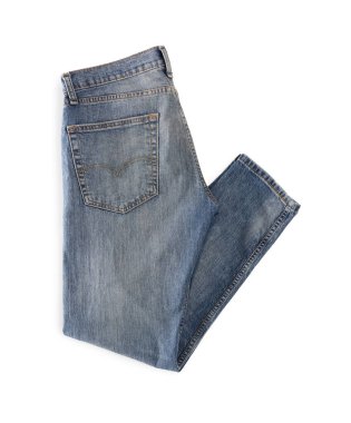 Blue jeans isolated on white, top view. Stylish clothes