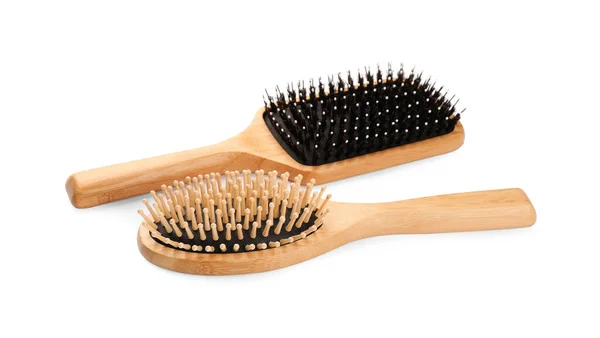 New Wooden Hair Brushes Isolated White — Stock Photo, Image