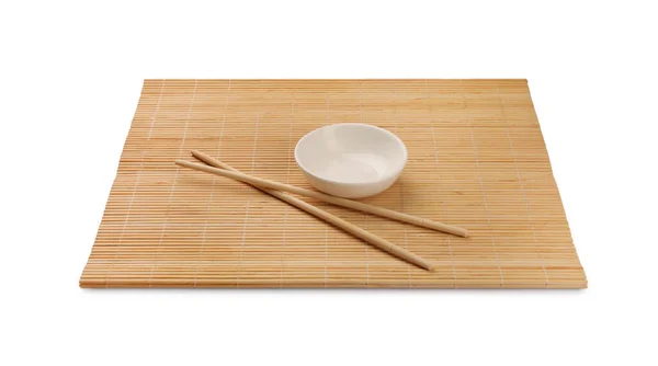 Bamboo Mat Bowl Chopsticks Isolated White — Stock Photo, Image