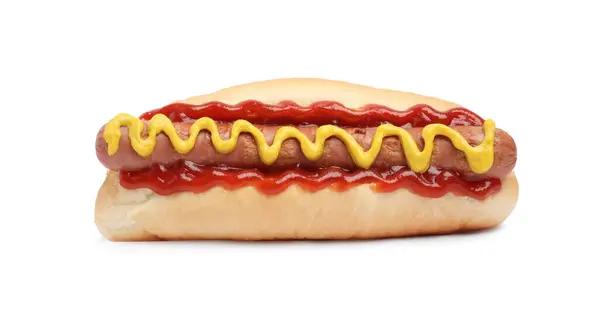 Delicioso Hot Dog Con Mostaza Ketchup Sobre Fondo Blanco —  Fotos de Stock