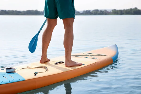 Man Paddle Boarding Sup Board Sea Back View Space Text — Stock Photo, Image