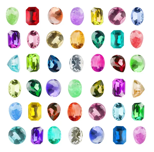 Conjunto Diferentes Pedras Preciosas Brilhantes Para Joalheiro Isolado Branco — Fotografia de Stock