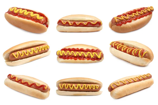 Σύνολο Διαφορετικών Yummy Hot Dogs Που Απομονώνονται Λευκό — Φωτογραφία Αρχείου