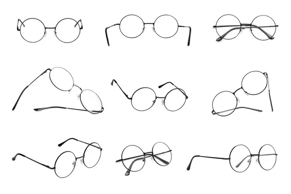 異なる側面で隔離されたメガネとのコラージュ — ストック写真