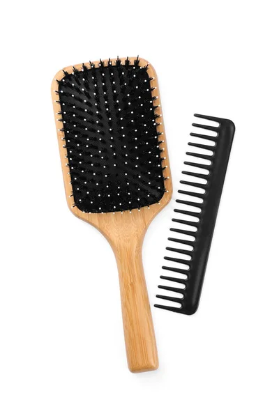 New Wooden Hair Brush Comb Isolated White Top View — Stock Photo, Image
