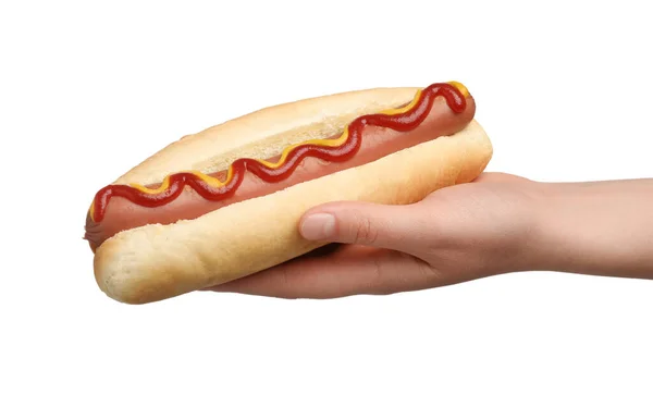 Mujer Sosteniendo Delicioso Hot Dog Con Mostaza Ketchup Sobre Fondo —  Fotos de Stock