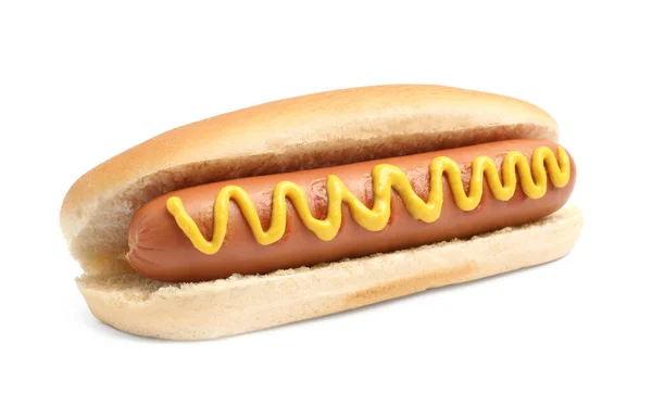Delicioso Hot Dog Con Mostaza Sobre Fondo Blanco — Foto de Stock